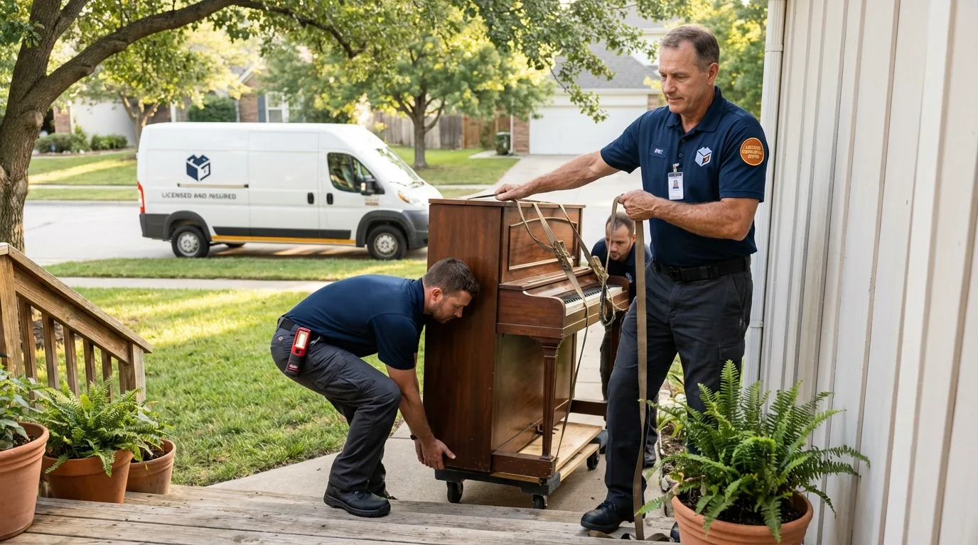 Licensed piano movers securing grand piano in Upland, IN