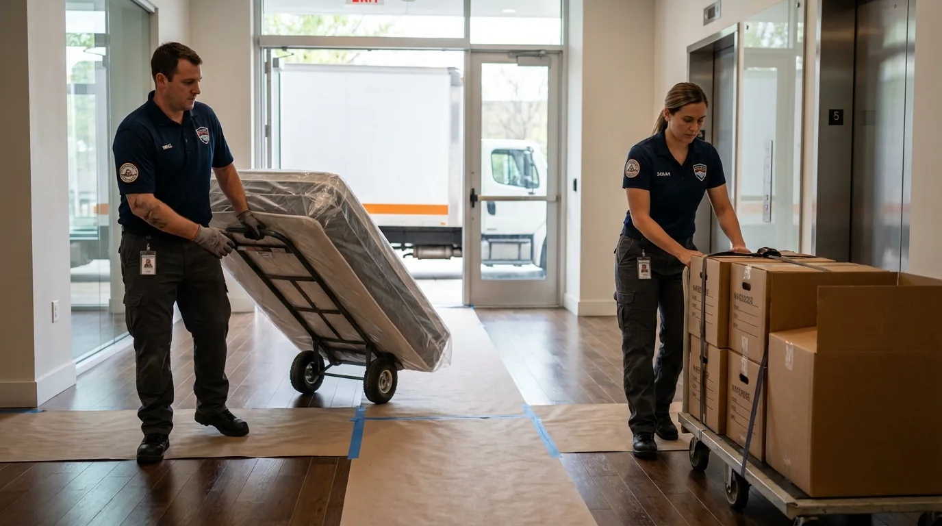 Professional apartment movers loading elevator in Upland, IN